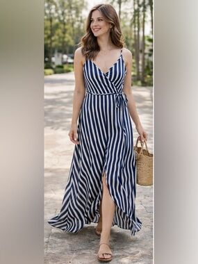 ❤️176 Ivy Blue White Striped Faux Wrap Style Maxi Dress Side Tie Flowy Summer S